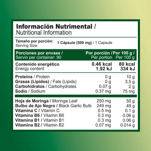 Moringa con Ajo Negro | 90 Cápsulas | 500 mg