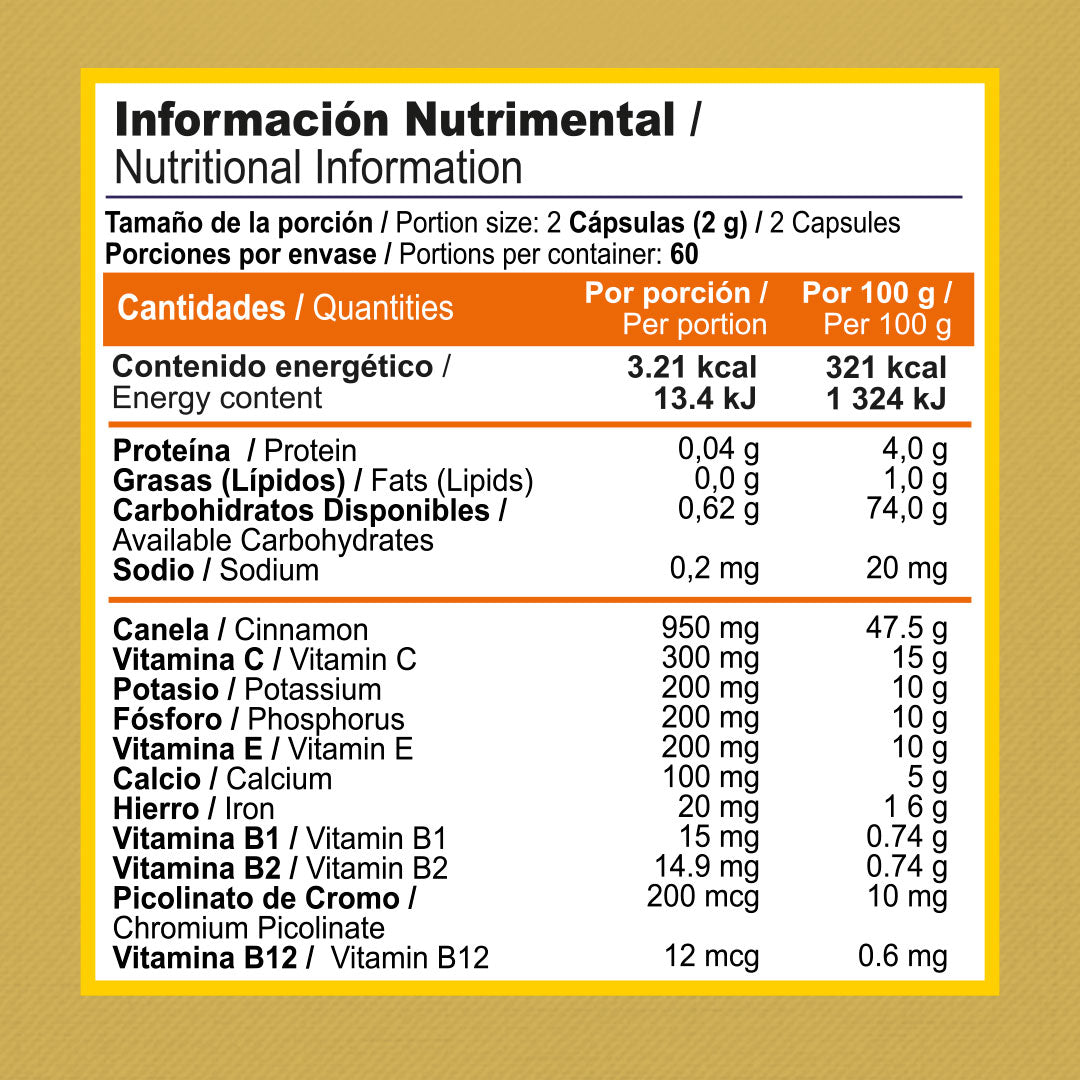 Canela y Cromo | 120 Cápsulas | 1 g