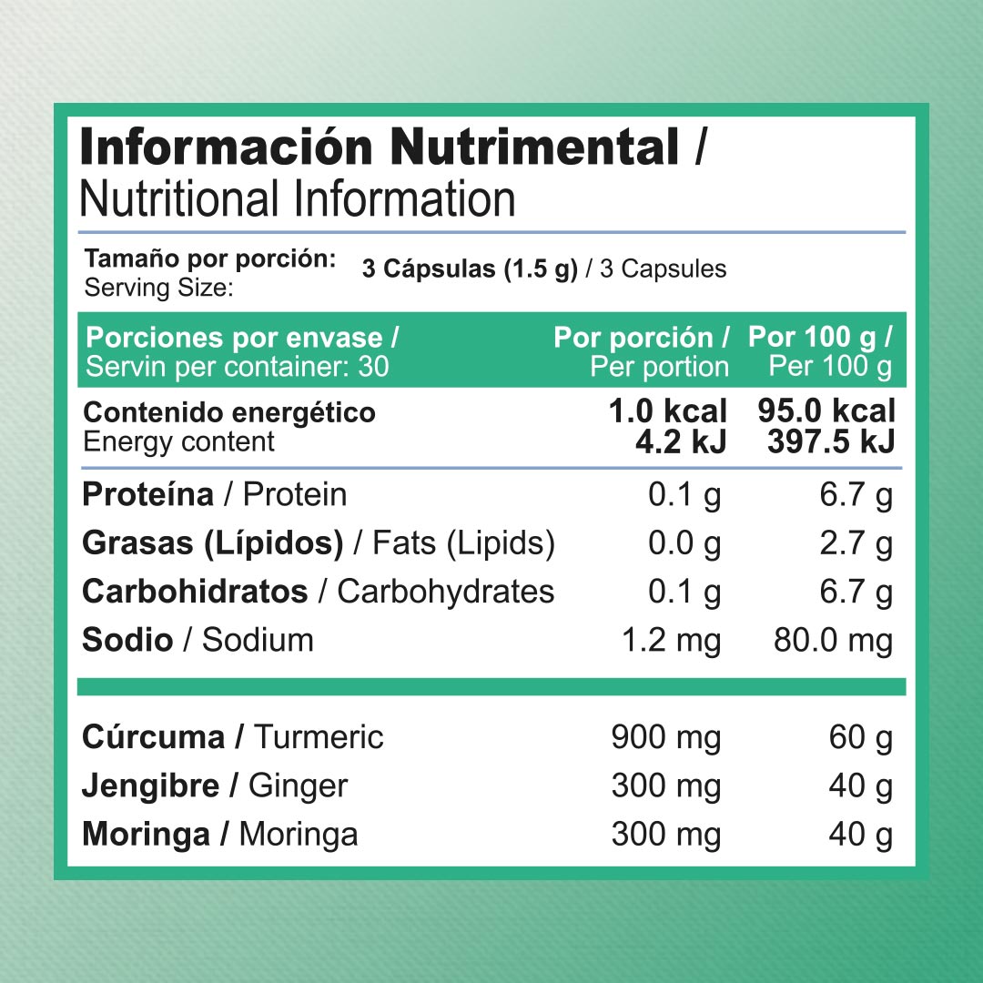 Cúrcuma, Jengibre y Moringa  | Fórmula Herbal | 90 Cápsulas | 500 gr