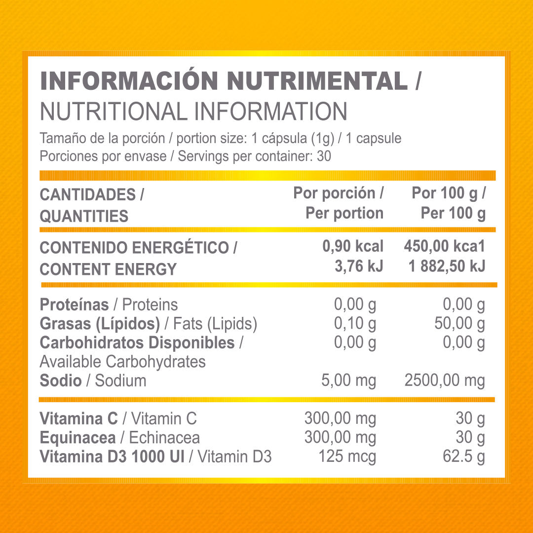 D3 1000 UI + Equinácea + Vitamina C | 30 Cápsulas | 1000 mg