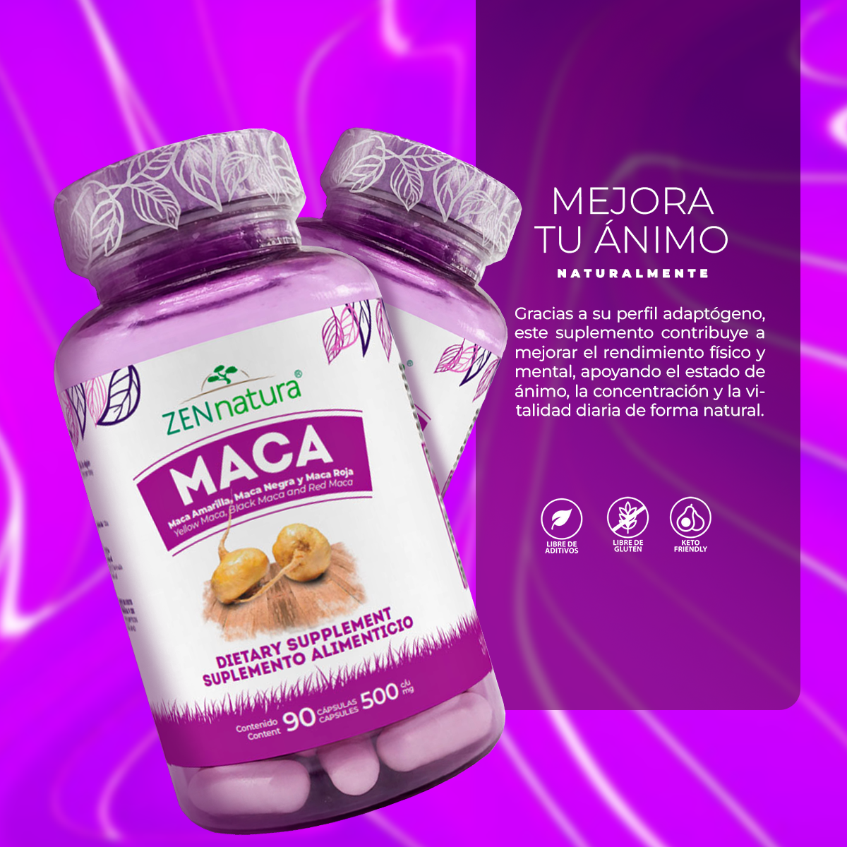 Maca | Maca Amarilla, Negra, Roja y Pimienta Negra | 90 caps | 500 mg