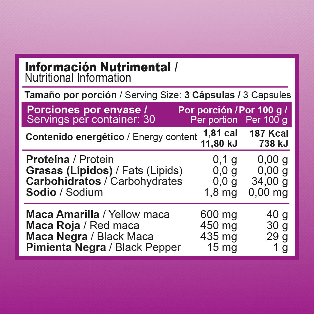 Maca | Maca Amarilla, Negra, Roja y Pimienta Negra | 90 caps | 500 mg