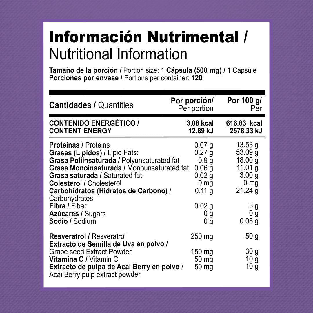 Resveratrol de Semilla de Uva | 120 Cápsulas | 500 mg
