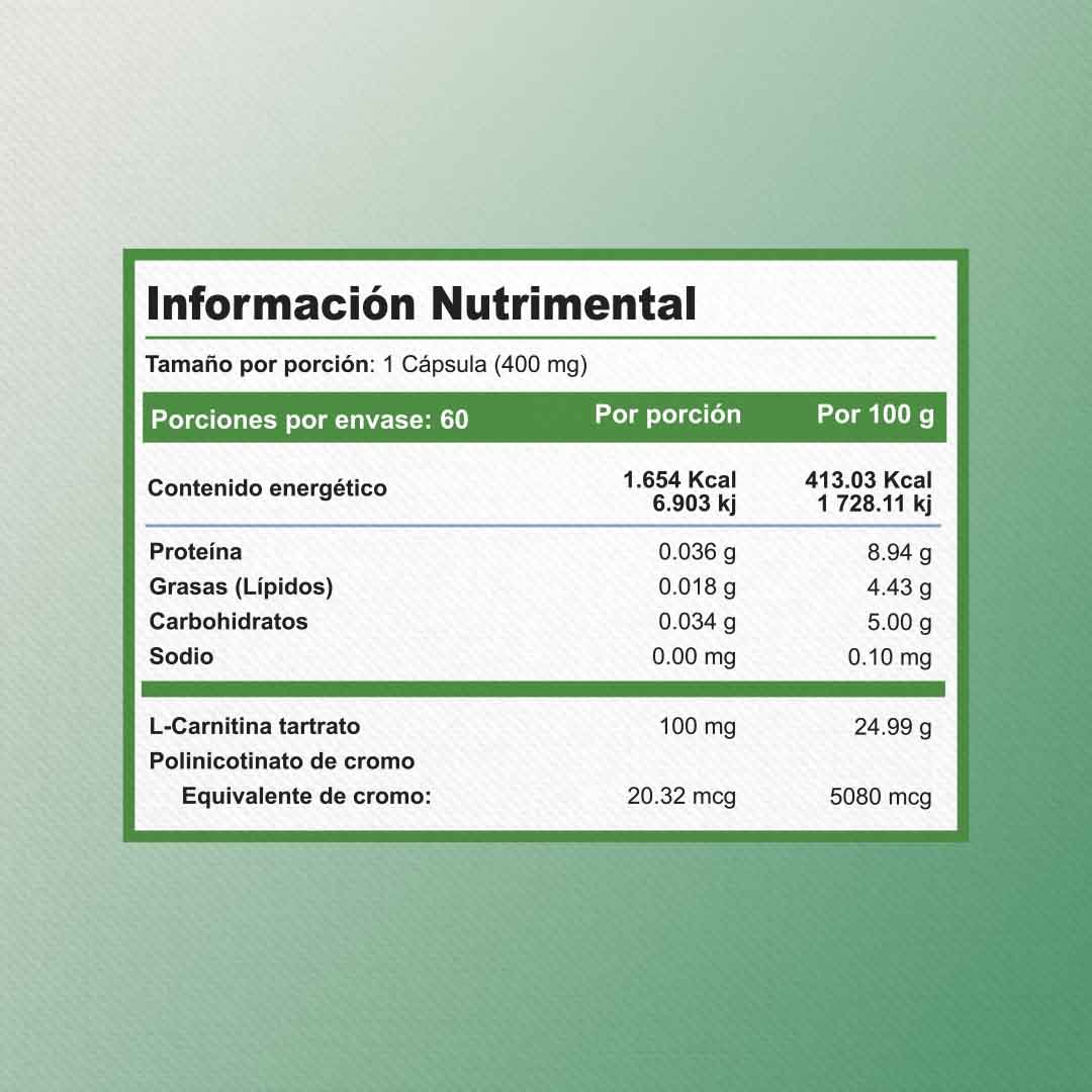 Chromium | Polinicotinato de Cromo y L-Carnitina Tartrato | 60 caps | 400 mg