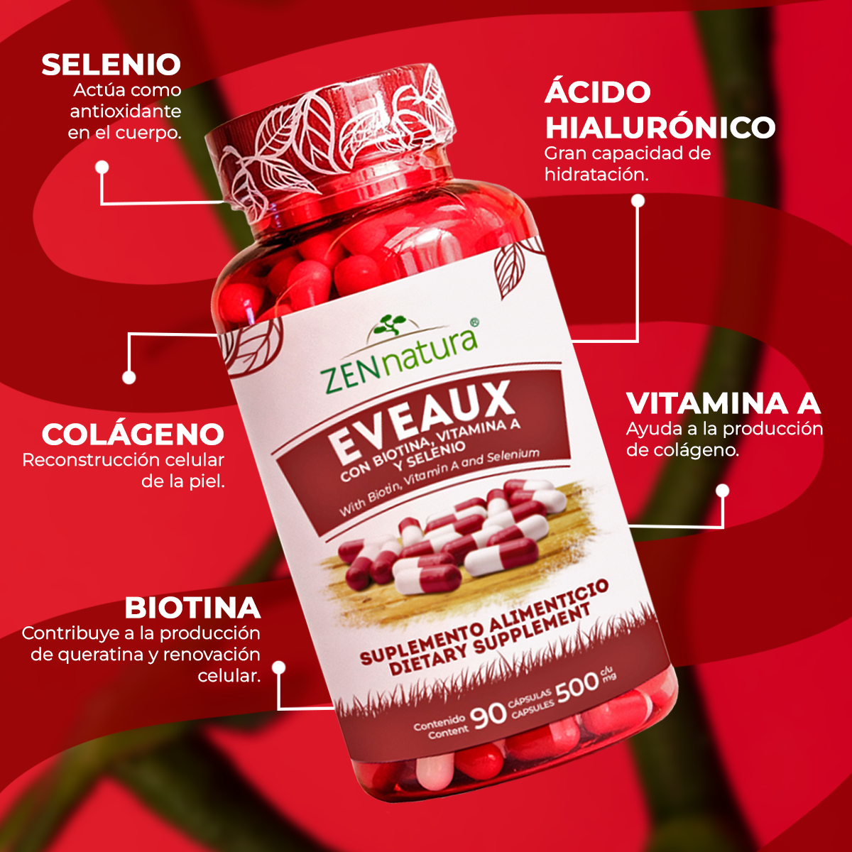 EVEAUX | Biotina, Colágeno y Vitamina B | 90 caps | 500 mg